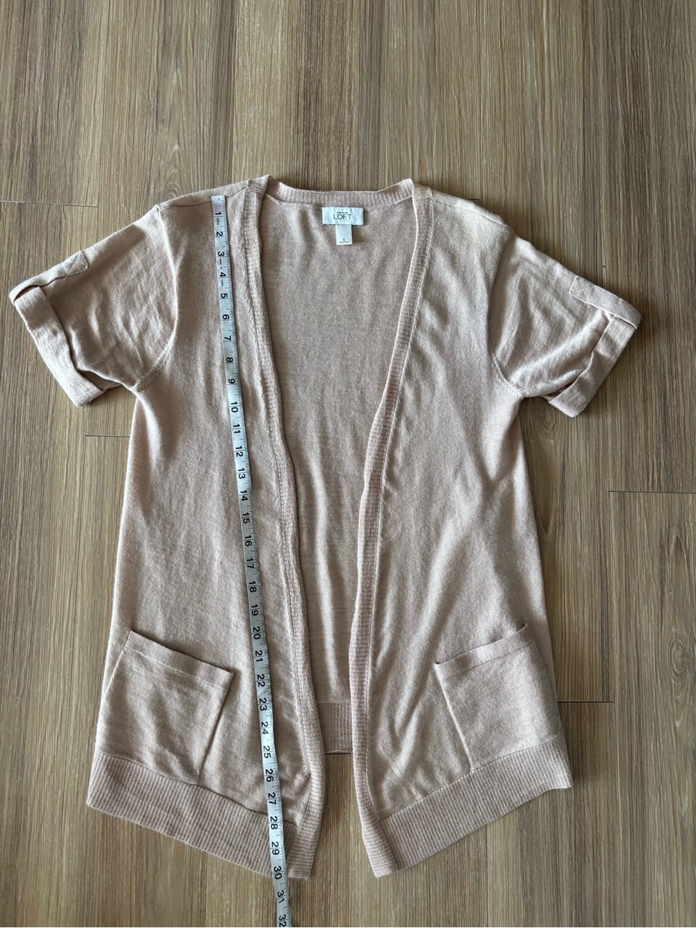 VTG LOFT Cardigan Sweater Tan Wool Open Short Sleeve Pockets Womens S Preppy Y2K - Picture 6 of 9